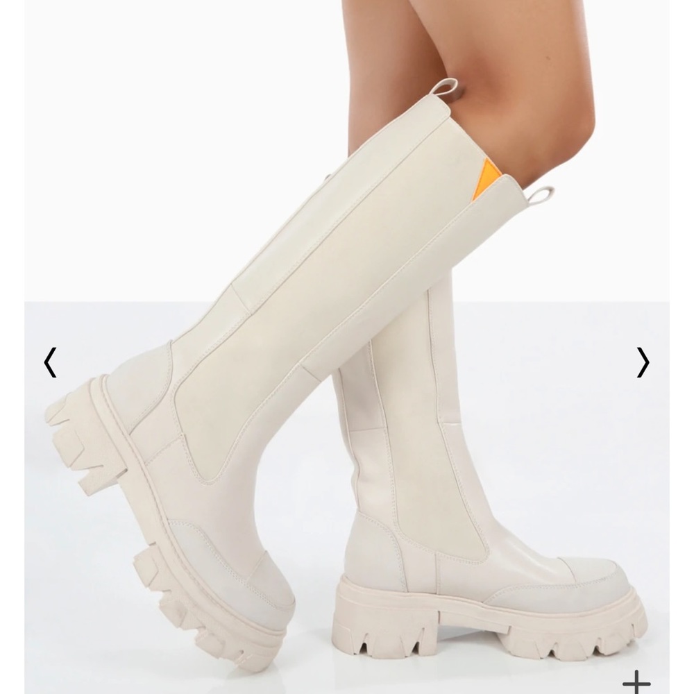 Kenza X Public Desire Survive White Pu Chunky Sole Orange Upper Knee High Boots